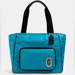 COACH Court Signature C Nylon Tote Bag Pebbled Leather Blue /Black Color